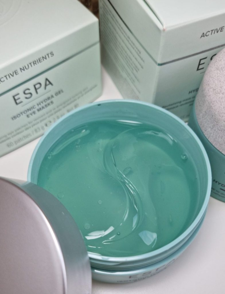 ESPA Isotonic Hydra Gel Eye Mask pot with lid off showing the moisture drenched eye patches.