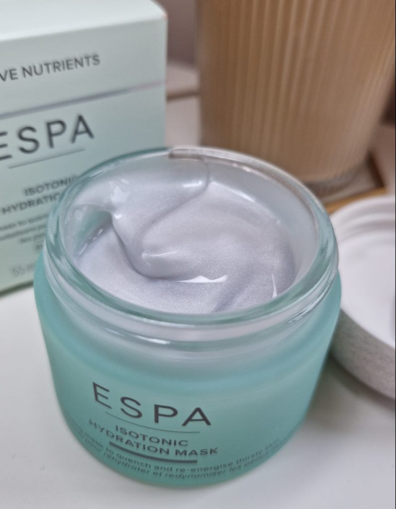 ESPA Isotonic Hydrating mask pot with lid off showing the silver gel formula.